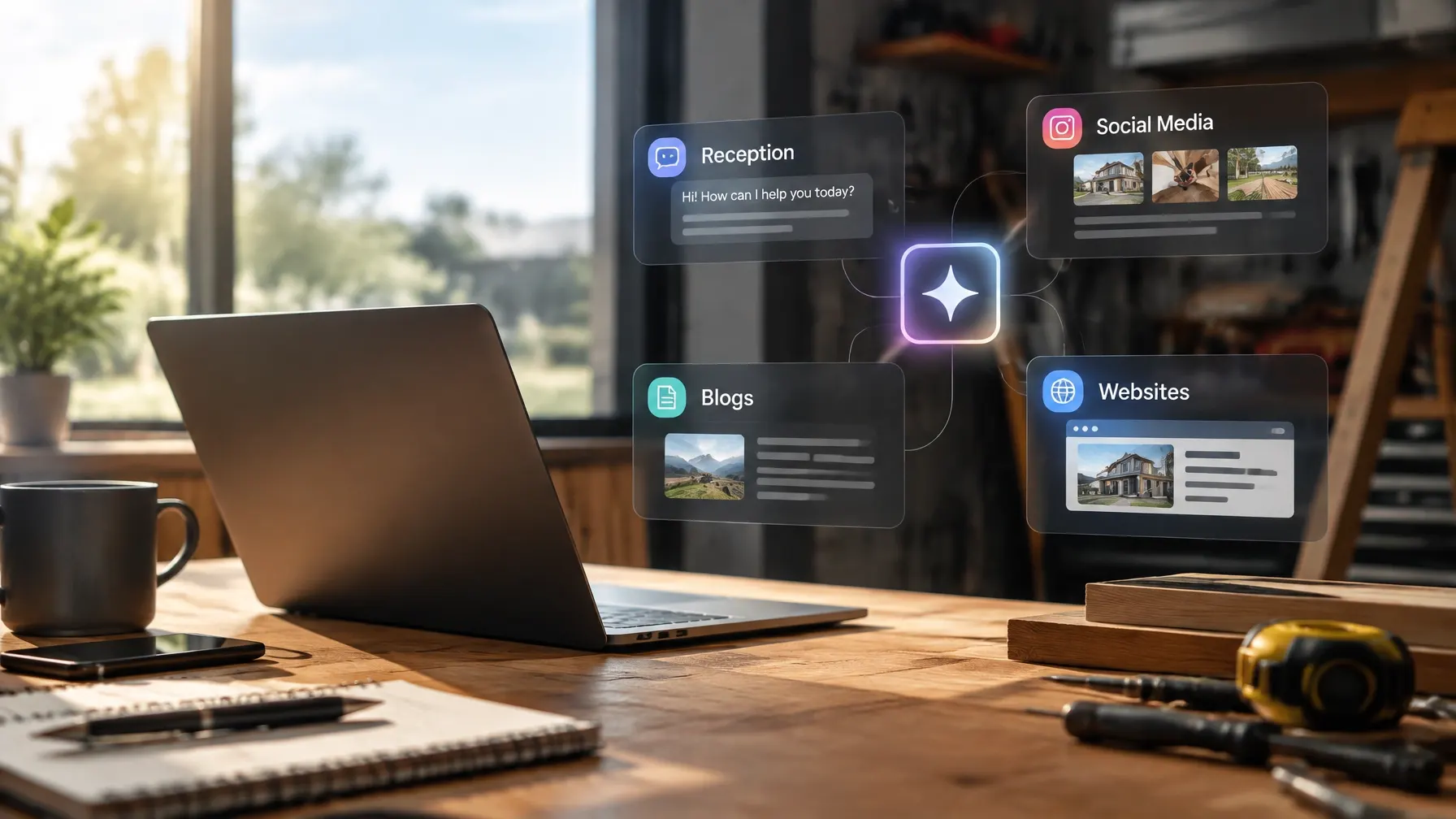 A small business owner reviewing work with a supportive AI team