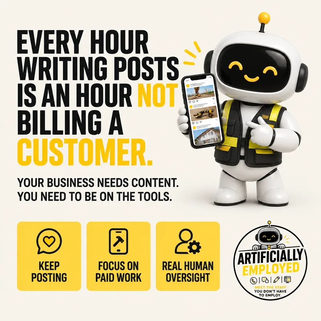 Artificially Employed social media management message about keeping your business visible while you focus on paid work